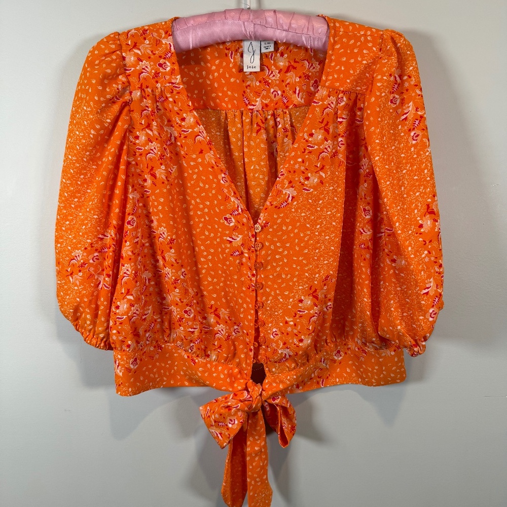 Joie Orange w/ Small Floral Print Crop Top with Elbow Length Puff Sleeves Size L